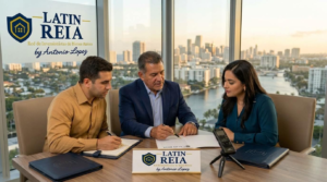 Mentor de bienes raíces revisando documentos de inversión con una pareja de inversionistas latinos en Florida