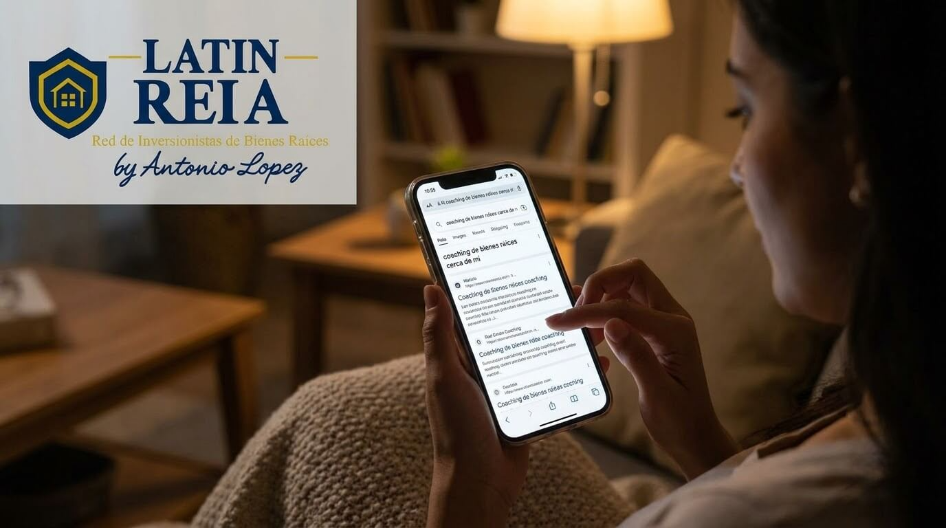 Persona buscando coaching de bienes raíces cerca de mí desde su teléfono por la noche