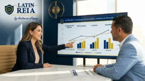 Coach de bienes raíces en Florida explicando una estrategia de inversión a un cliente
