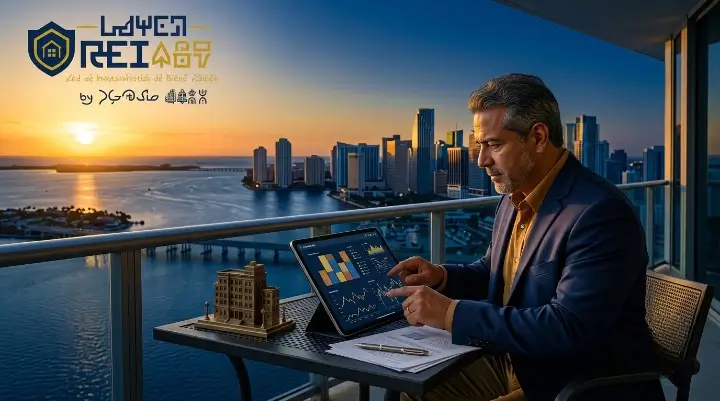 Inversionista revisando propiedades con el horizonte de Miami al fondo
