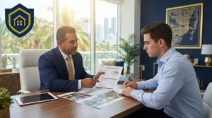 Coach de bienes raíces reunido con un inversionista principiante en una oficina de Florida