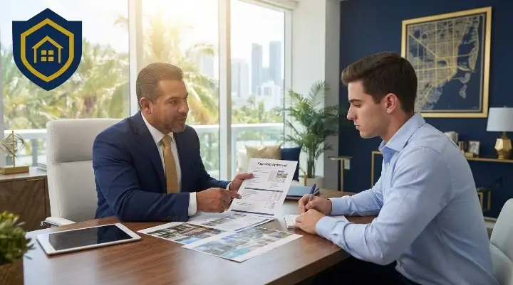 Coach de bienes raíces reunido con un inversionista principiante en una oficina de Florida