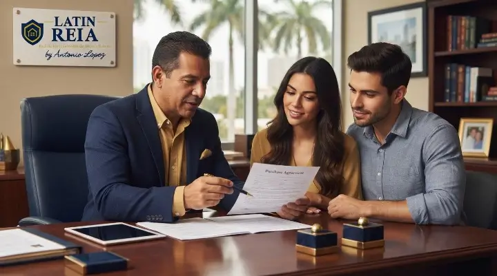 Coach bilingüe de bienes raíces explicando un contrato a una pareja en Florida