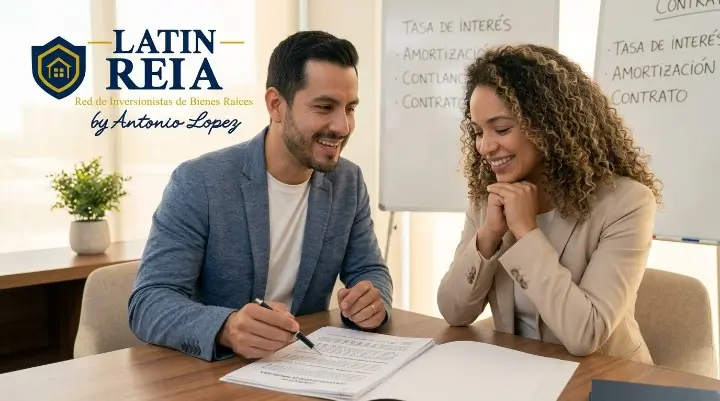 Coach bilingüe de bienes raíces explicando un contrato en español a un inversionista en Florida