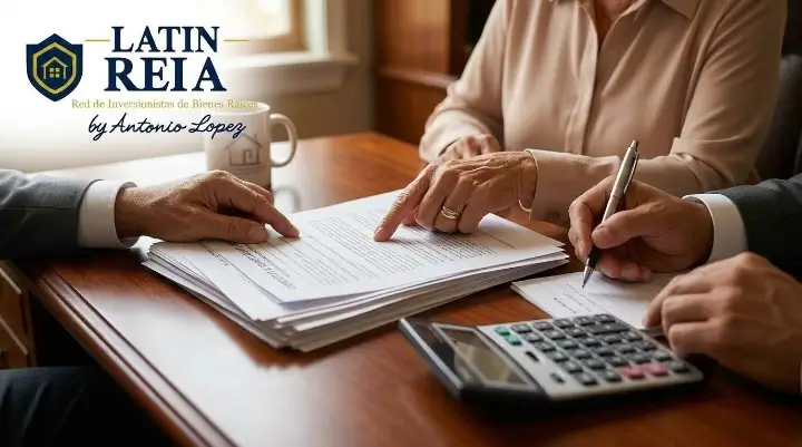 Revisión de documentos financieros con un asesor de bienes raíces en español