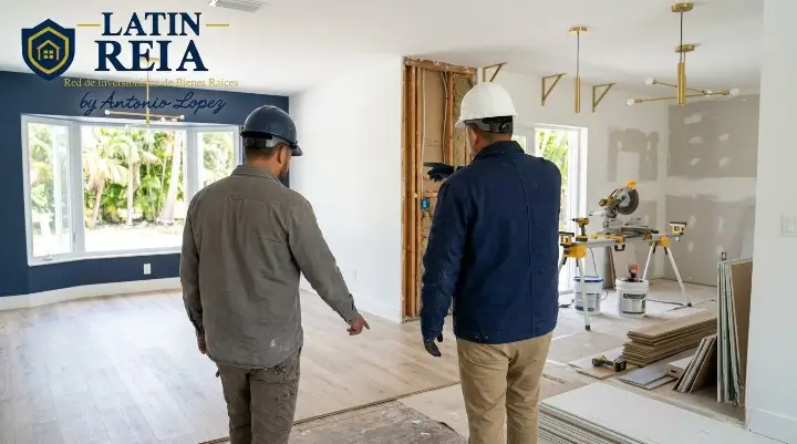 Mentor de bienes raíces y flipper recorriendo una propiedad en remodelación en Florida