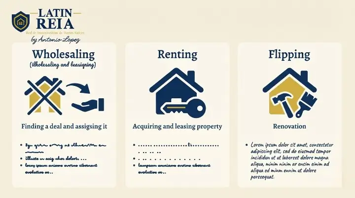 Íconos que comparan wholesaling, renta y flip como estrategias de inversión