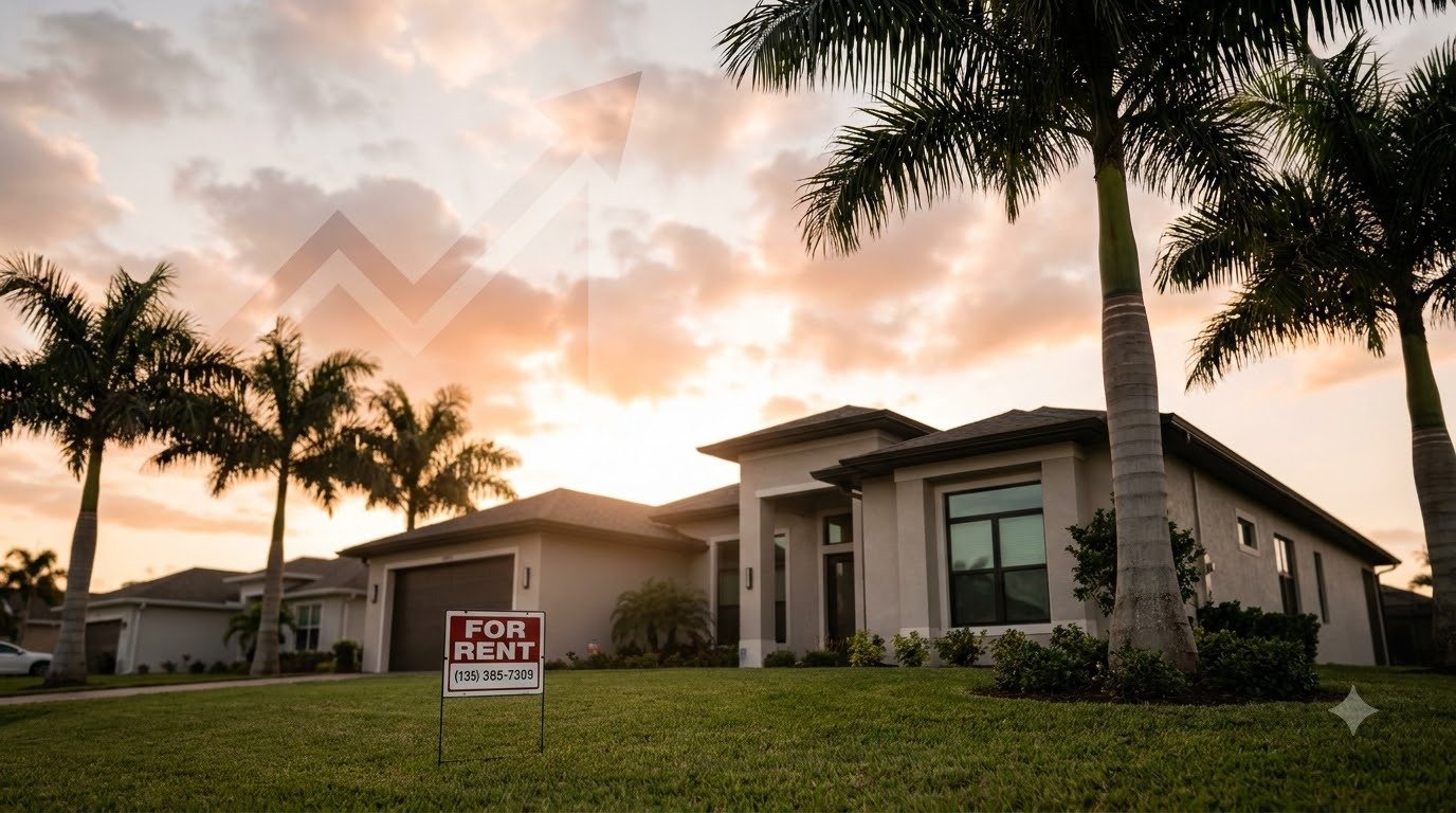 Casa unifamiliar en Florida con letrero de 'For Rent' en el jardín al atardecer, rodeada de palmeras