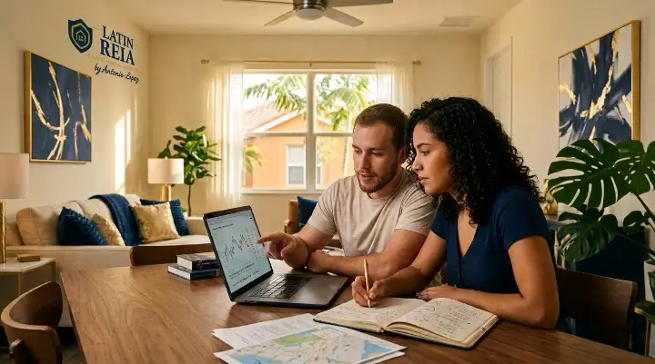 Pareja hispana planeando su primera inversión con coaching de bienes raíces en Florida